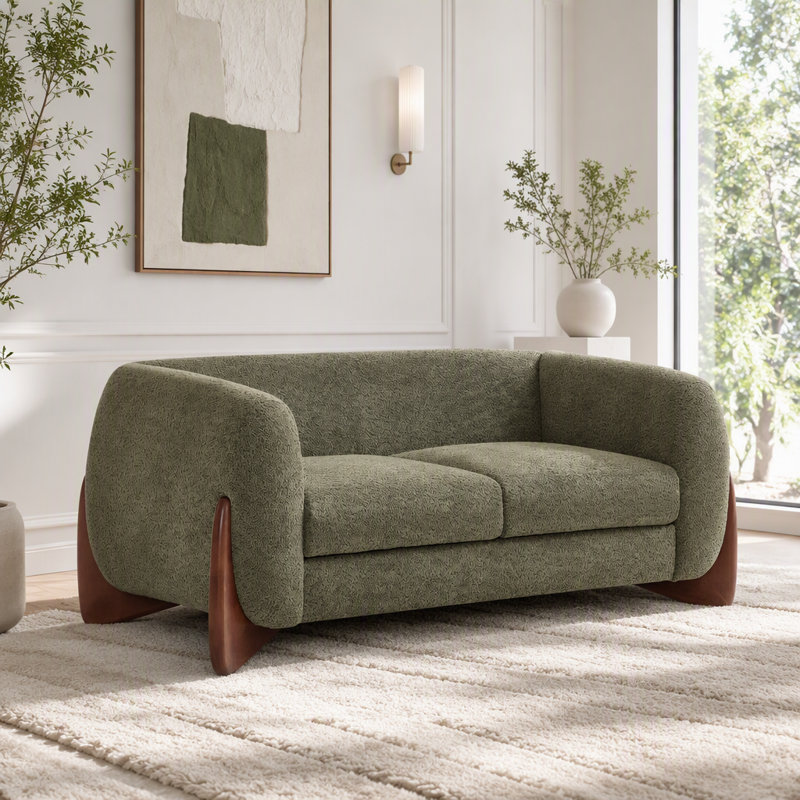 Causeuse Boucle en velours vert olive, Tissu vert olive