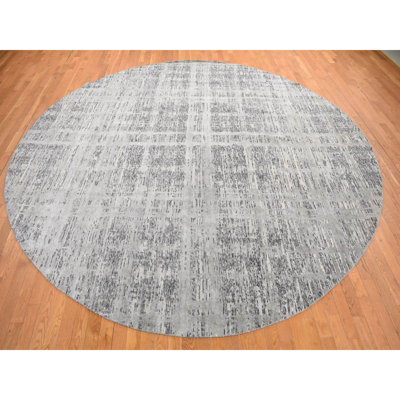11'10"x11'10" Gray Natural Wool Modern Design Hand Knotted Round Rug 91B3689C6C2843588D225507AF9A18EA