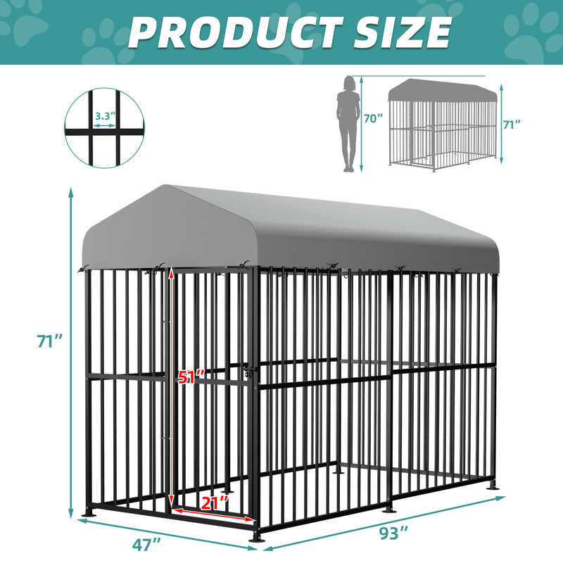 Metal Yard Kennel With Door, 71" H x 93" W x 47" D