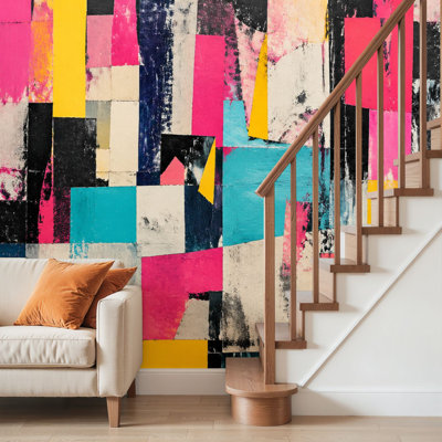 Peel and Stick Wallpaper Wall Mural Abstract Grunge Newspaper Collage Bold Pink Yellow Black Wall Art Self Adhesive and Removable