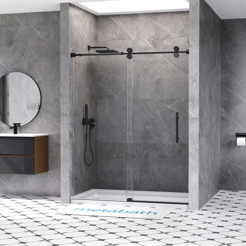 56"-60" W x 76" H Single Sliding Frameless Shower Door with 5/16"(8mm) Tempered Clear Glass, Matte Black