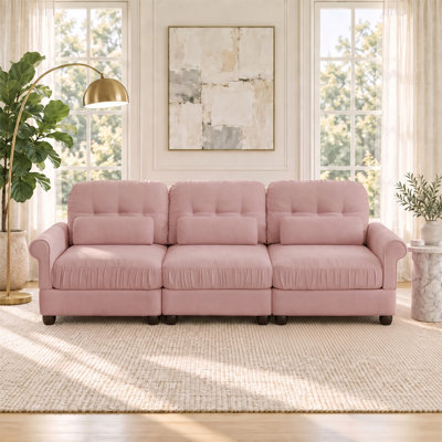 Canapé 3 places en chenille de 250 cm avec bords d'assise froncés, accoudoirs arrondis et coussins de soutien lombaire, coussins fermes et moelleux, canapé capitonné pour salon, salle familiale et chambre à coucher