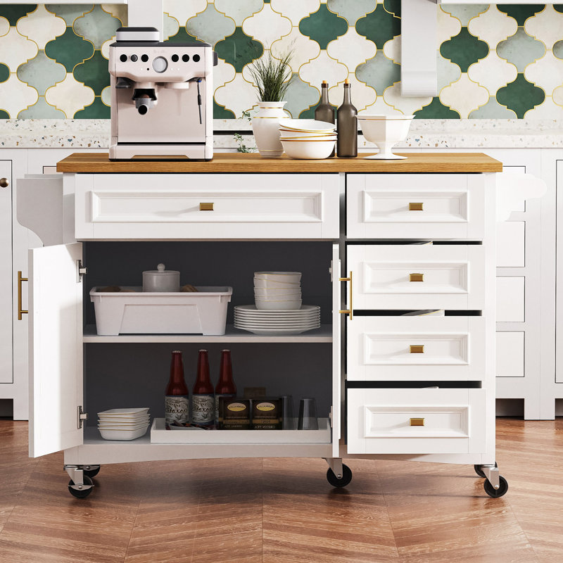 Îlot de cuisine de 52 po avec abattant, îlot de cuisine à texture en relief sur roulettes avec support à épices, porte-serviettes, 2 portes et 5 tiroirs, chariot de rangement de cuisine avec tablette réglable pour la cuisine