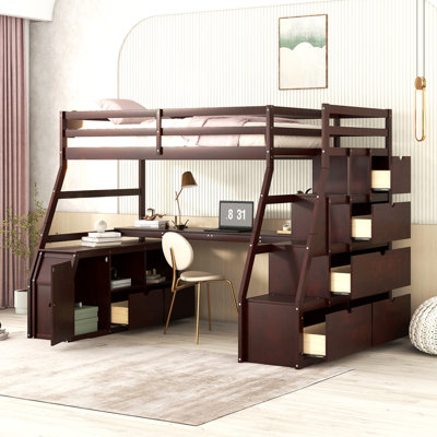 Twin Size Loft Bed with 7 Drawers 2 Shelves and Desk