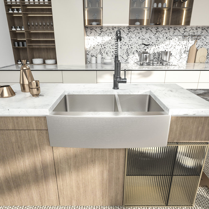 33" L x 21" W Farmhouse Double Bowl 60/40 Kitchen Sink Stainless Steel Kitchen Sink Apron Front Sink, Brushed Nickel