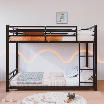 Lit superposé simple au-dessus du sol simple en métal, échelle et garde-corps de sécurité, 19 barres transversales de soutien, charge combinée de 400 + 480 lb, pour garçons filles adultes, noir