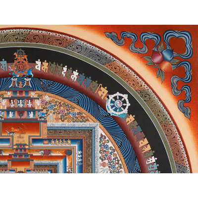 Art de mandala tibétain Kalachakra Time Wheel - Très grand Thangka bouddhiste peint à la main avec des accents en or 24 carats, authentique décoration murale de méditation à géométrie sacrée 35,4 po x 35,4 po