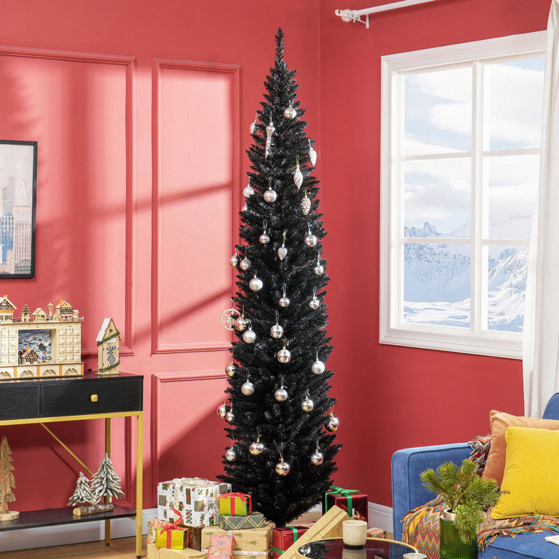 Arbre de Noël 8 pi, arbre de Noël mince avec 618 pointes de branches réalistes et support en plastique, H 8 pi, Noir, Non