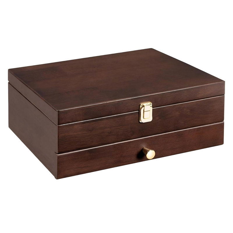 Silverware Storage Box, 2-Layer Flatware Storage Case with Drawer, Walnut