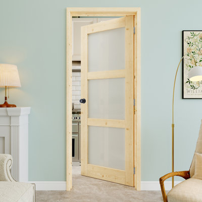Porte intérieure pré-suspendue en bois de pin et verre givré 30 po x 80 po 3-Lite avec bouton rond et charnières argentées, dalle de porte d'intimité en verre, à peindre et imperméable, combinaison pour la lessive, portes de placard, portes de pièce, droite
