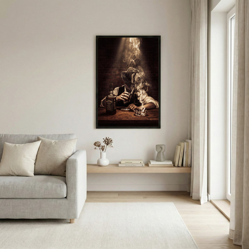 Toile noire encadrée en bois noir pour salon, chambre à coucher, bureau ou vestibule - décoration murale décorative avec homme qui fume