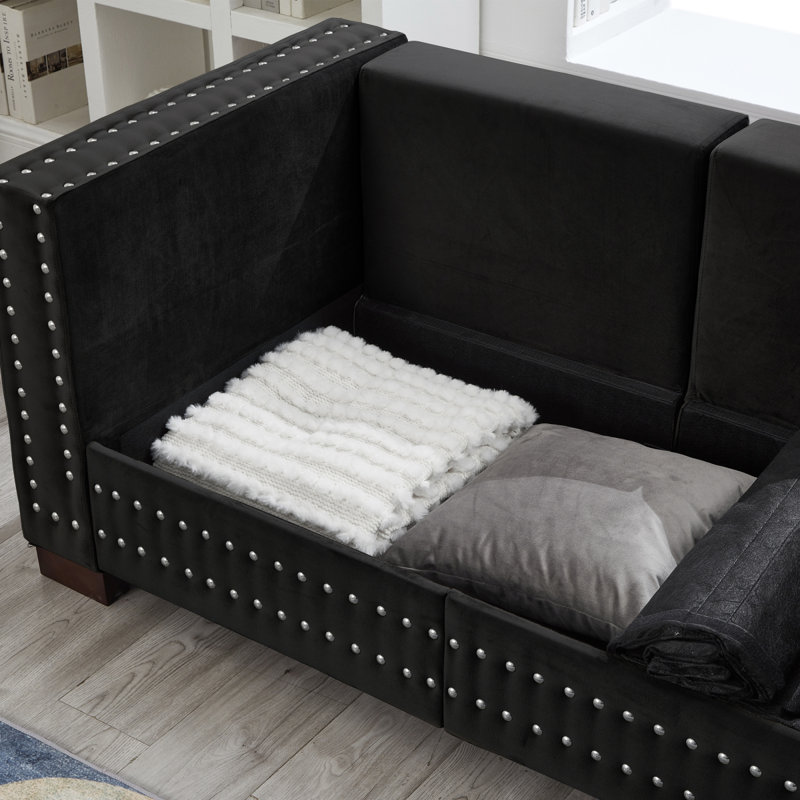 Canapé de salon moderne avec accoudoirs carrés décorés de clous argentés et revêtement en velours noir, Noir