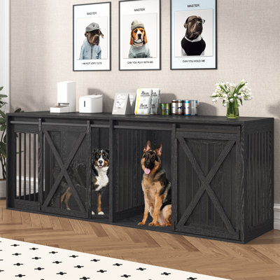 94.5” Extra Large Dog Crate Furniture, Farmhouse Dog Kennel Tv Stand With Sliding Door And Removable Divider, Black