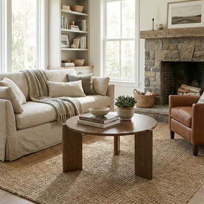 Claremont Solid Rubberwood Coffee Table with 3 Massive Slab Legs, 30" Round, Japandi Minimalist Centerpiece, Minimal Tools Assembly