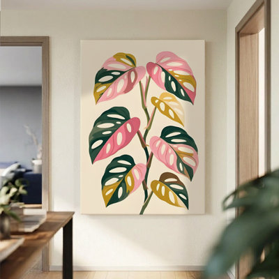 1 plante murale encadrée Monstera: feuilles aux teintes rose, verte et jaune, style Art nouveau. Toile, affiche, peintures, cadeau idéal pour le salon, le couloir, la chambre à coucher, la décoration murale, la décoration de la pièce, prêt à être accroché, plat à plat
