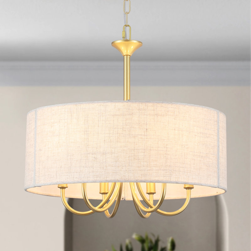 6 - Light 17.95'' Dimmable Modern Farmhouse Drum Candle Chandelier With Linen Shade For Kitchen Island Bedroom, White, Gold