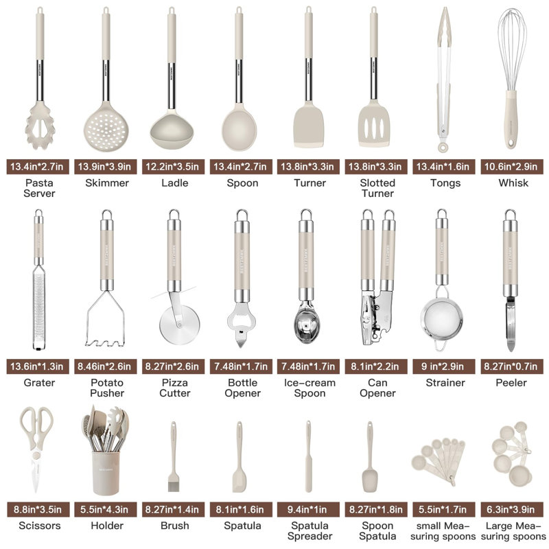 Khaki Non-Stick Silicone and Stainless Steel 33-Piece Cooking Utensils Set
