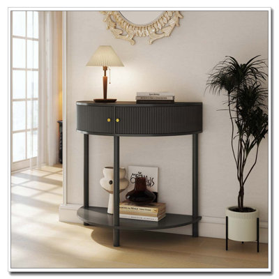 Console Table de bout demi-lune avec 2 tiroirs de rangement et tablette inférieure pour le salon, la chambre à coucher, le bureau et le couloir