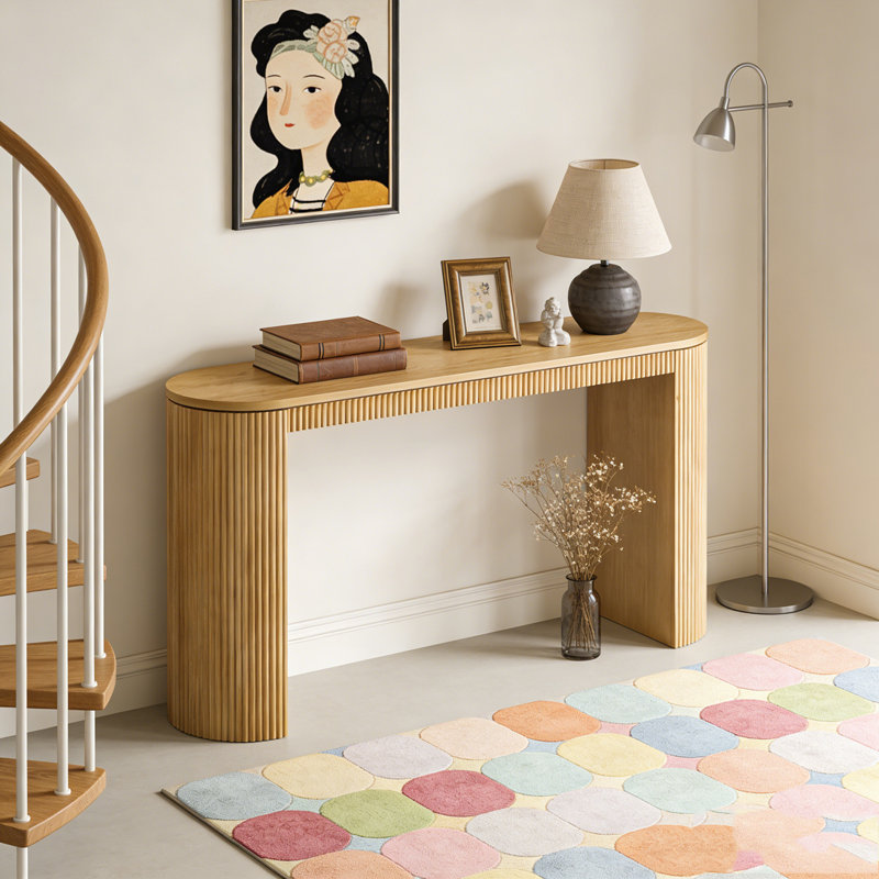 Curved Design Console Table with Unique Vertical Stripe Design, Naturel