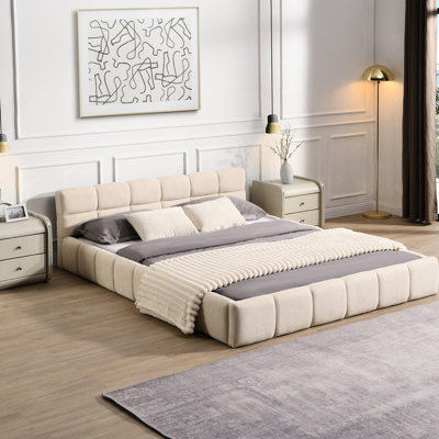 Queen Size Beige Chenille Bed With Checkerboard Headboard For A Comfort - Centric Bedroom Design Comfortable And Contemporary Sleep