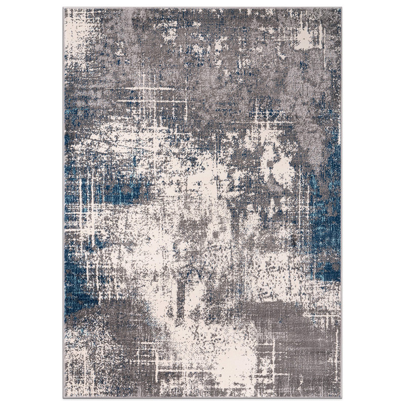 Pownal Abstract Performance Blue/Ivory/Gray Rug, Rectangle 5' x 7'