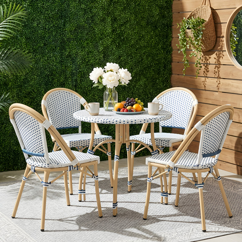 Ensemble de 4 chaises de salle à manger d'extérieur Altesa French Bistro tissées pour la cuisine et le patio, Bleu/blanc