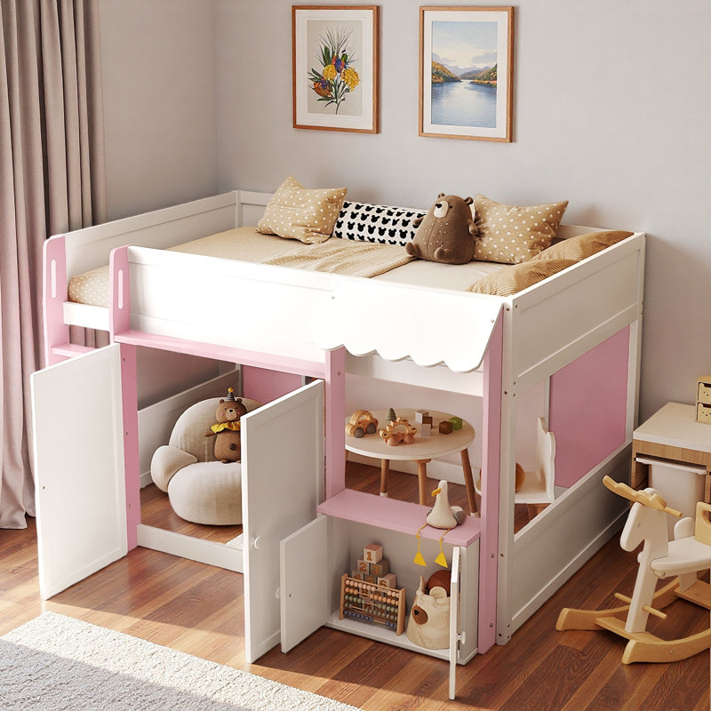 Lit mezzanine moderne avec maisonnette et rangement, Rose