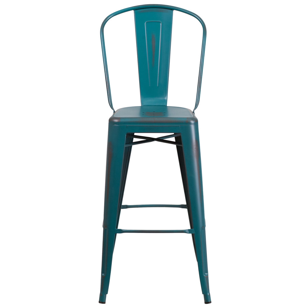 Commercial Grade Distressed Metal Indoor-Outdoor Counter Height Stool with Back