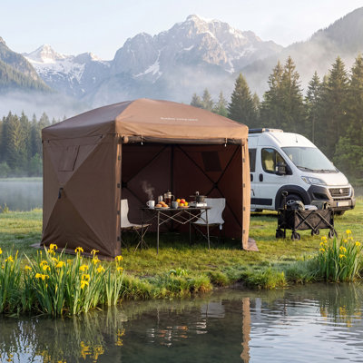 Pavillon de jardin escamotable 12 x 12 pi avec toit amovible pour l'obscurité, tente extérieure à 6 côtés avec moustiquaire, abri de soleil à installation rapide pour patio de 8 à 10 personnes, Brwon