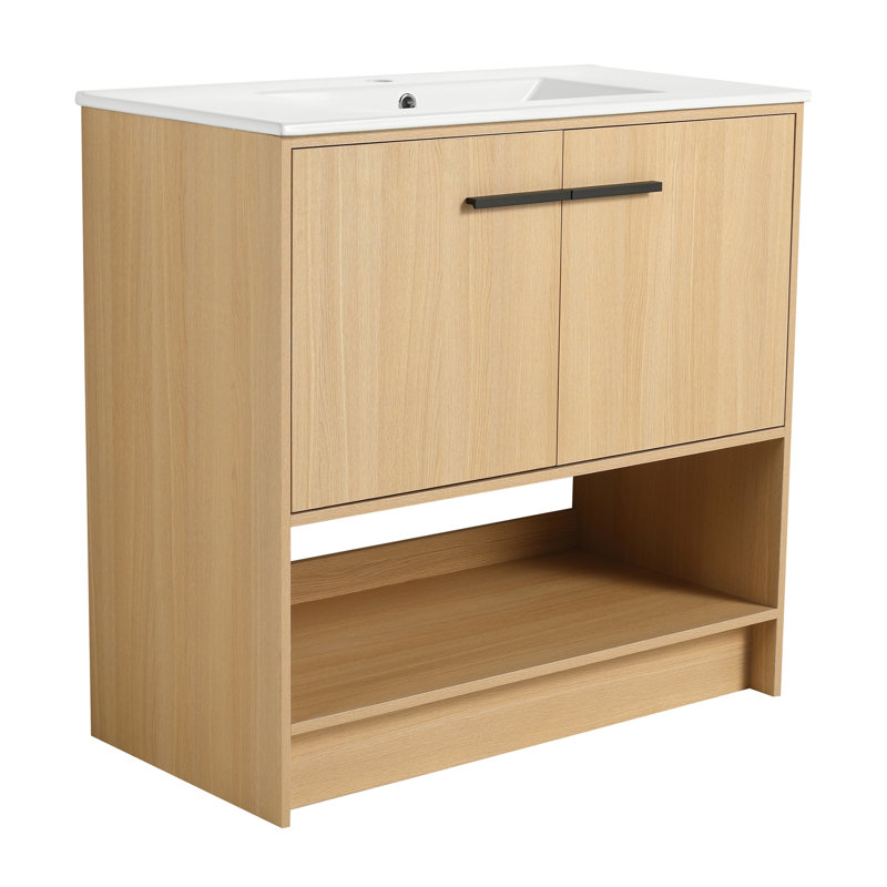 Meuble-lavabo de salle de bain avec lavabo en céramique, Chêne