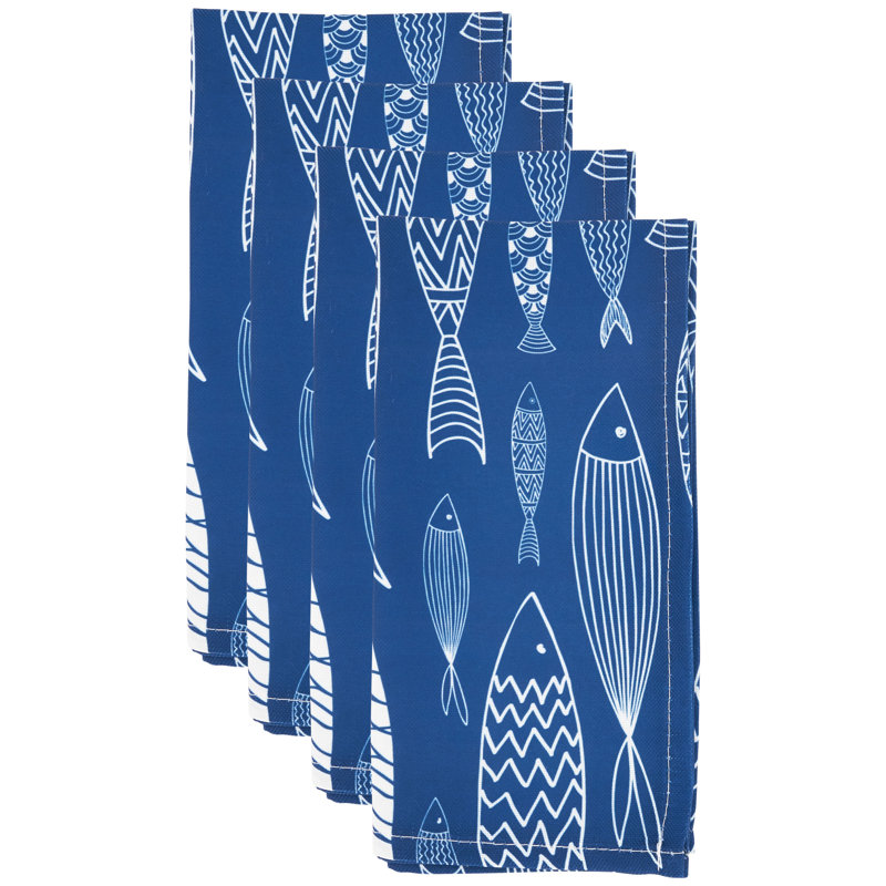 Navy Blue Fish Design Cotton Table Napkins, 20 in, Set of 4