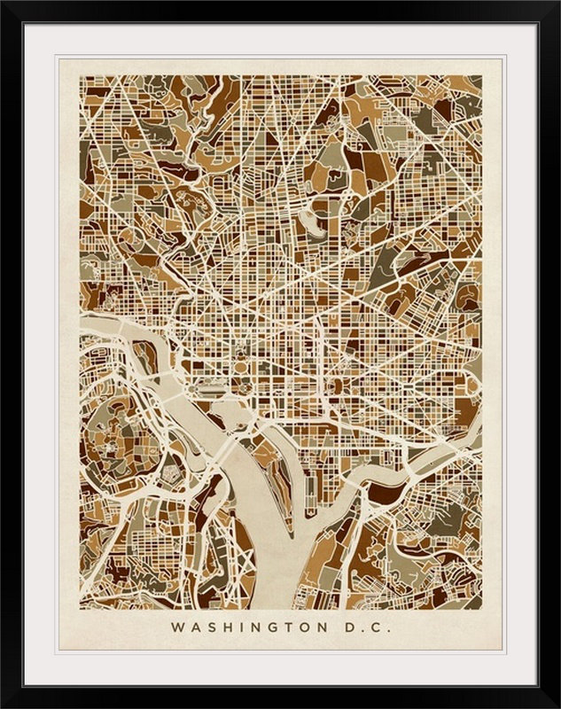 «Washington DC Street Map» par Bellen, impression, H 32 po x l 26 po x P 1 po, Cadre noir