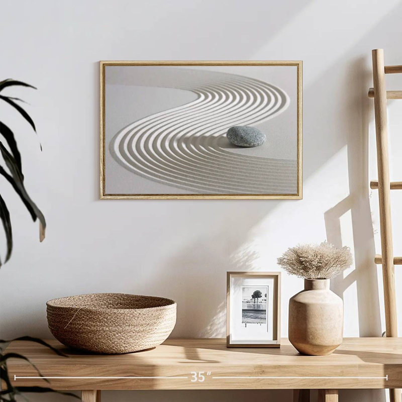 Pierre zen sur sable, Cadre flottant en bois naturel, 43 po x 29 po