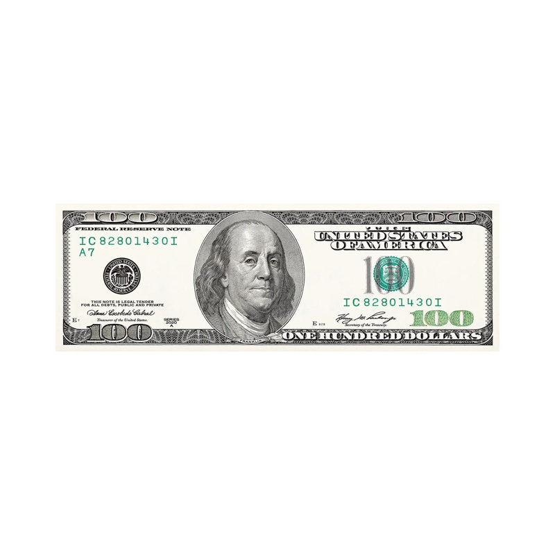 One Hundred Dollar Bill - Panoramic Print on Canvas, Wrapped Canvas, 40.64cm H x 121.92cm W x 3.81cm D