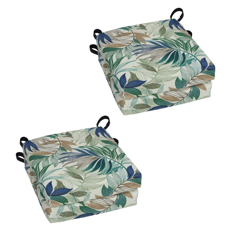 Square Outdoor Chair Cushions (Set Of 4), Tan/Green/Oasis Chambray Floral, 16" W x 16" D