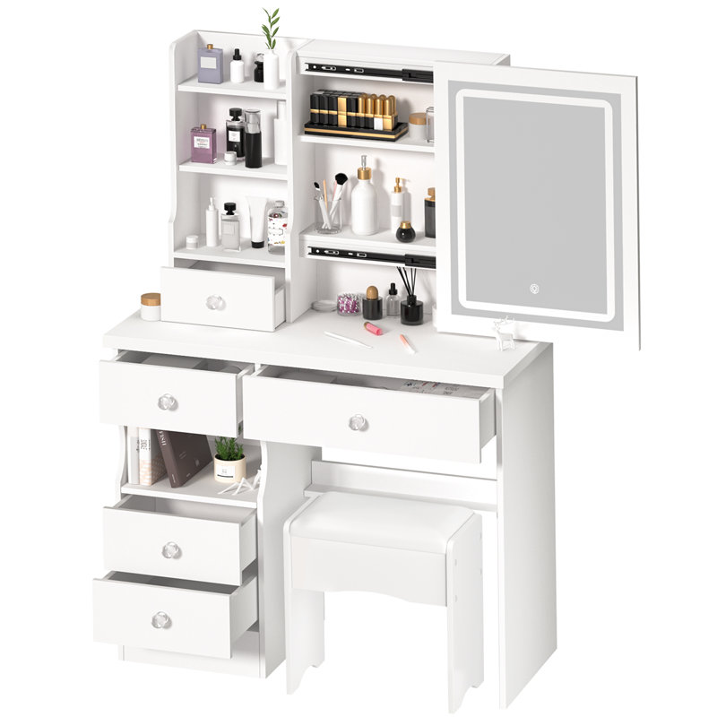 Vanity Desk with LED Lighted Mirror, Bedroom Dressing Table, Makeup Desk with Stool, 5 Drawers, Open Shelves, Hidden Storage Space