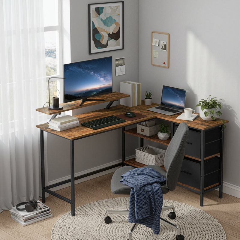 Aliyanah L-Shaped Metal Base Computer Desk, 89.5cm H x 135cm W x 105cm D, Rustic Brown