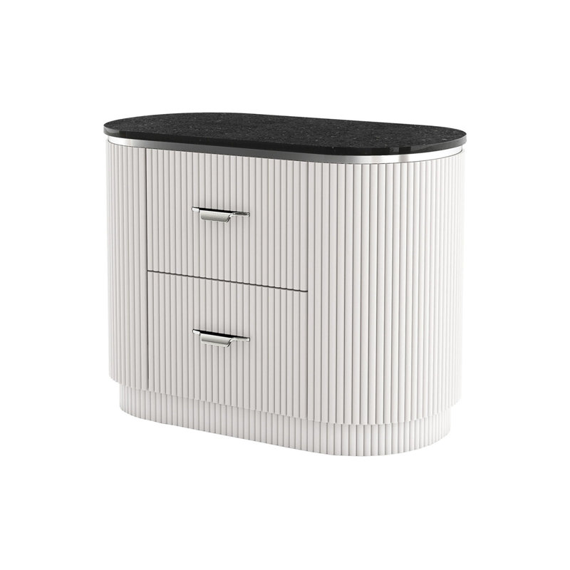 Table de chevet Alda avec 2 tiroirs, plateau en pierre noire, bois gris clair, argent