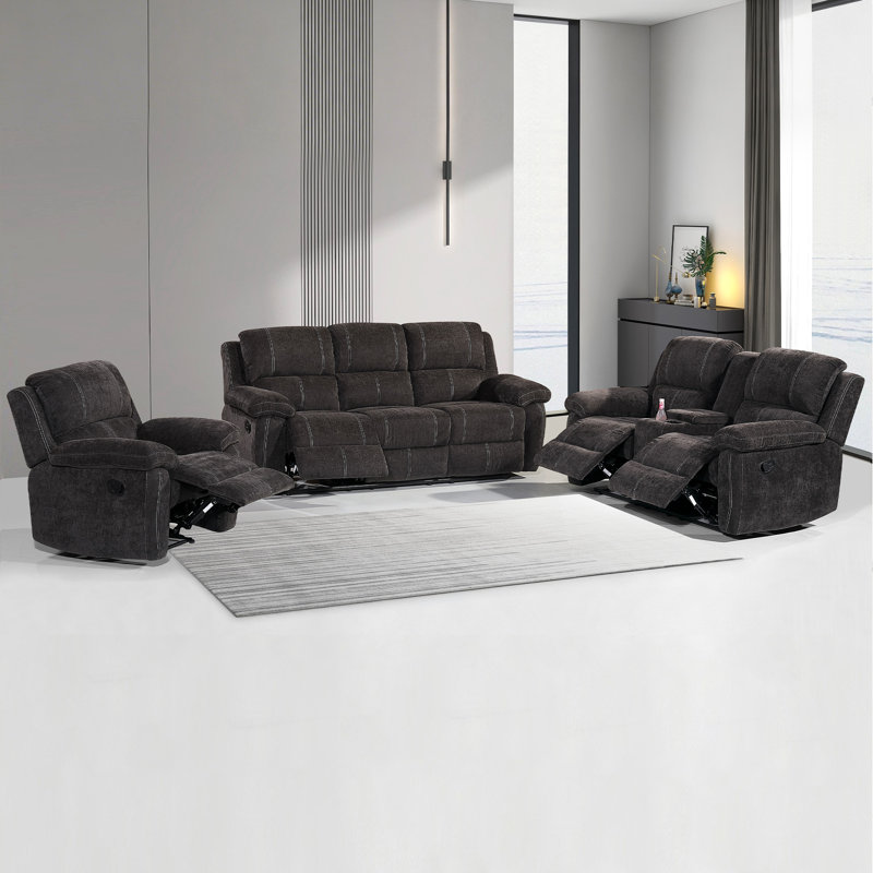 3 Piece  Modern Fabric Manual Recliner Sofa Set, Couch, Loveseat w/Console, Recliner, Black