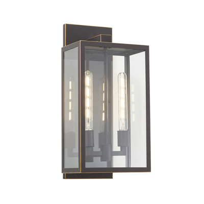 2 Light Black Lantern Wall Sconce With A Clear Glass Shade
