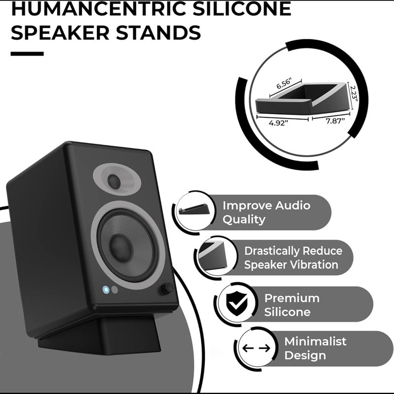 Symple Stuff Desktop Speaker Stands Wedge, Desk Speaker Stands For Medium Speakers, Anti Vibration Silicone Angle Wedge Speaker Riser For Computer, Bookshelf, And Studio Speaker Stand, Black, Medium