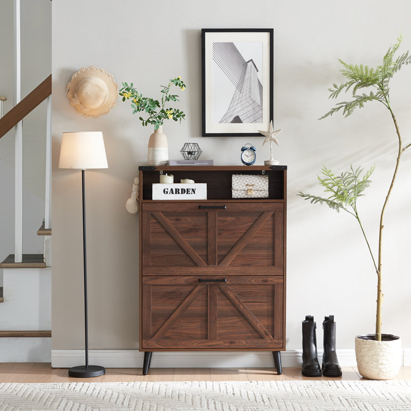 Chea 16 Pair Shoe Storage Cabinet with 2 Doors & Adjustable Shelves, Rustic Brown, 2