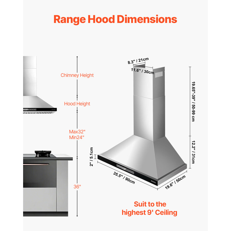 36" Wall Mount Range Hood Ceiling Mount Vent 800CFM Gesture & Touch Control