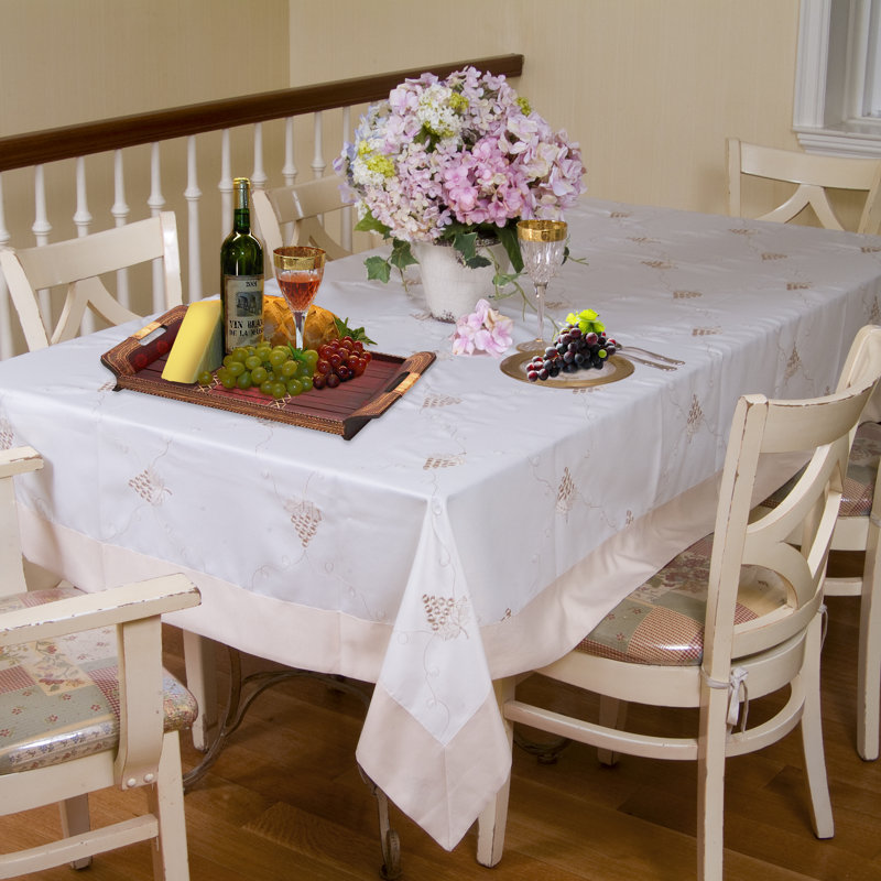 Cabernet Embroidered Grapes Tablecloth, 105" W x 70" L, White