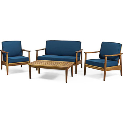 4-Piece Wood Outdoor Patio Conversation Seating Set With Cushions