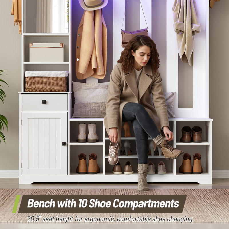 Hall Tree With Shoe Bench, Farmhouse Entryway Bench With Coat Rack and Fabric Drawer, 11 Coat Hooks and 10 Shoe Cubbies, Led Lights, Rotating Mirror With Shelves
