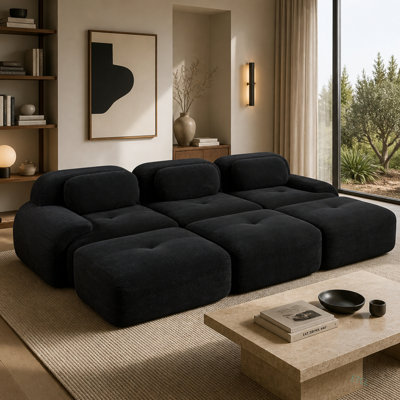 Canapé modulaire à trois places avec 3 repose-pieds en tissu velours côtelé sans assemblage pour animaux de compagnie accoudoirs ultra larges incurvés 32D haute résilience éponge salons