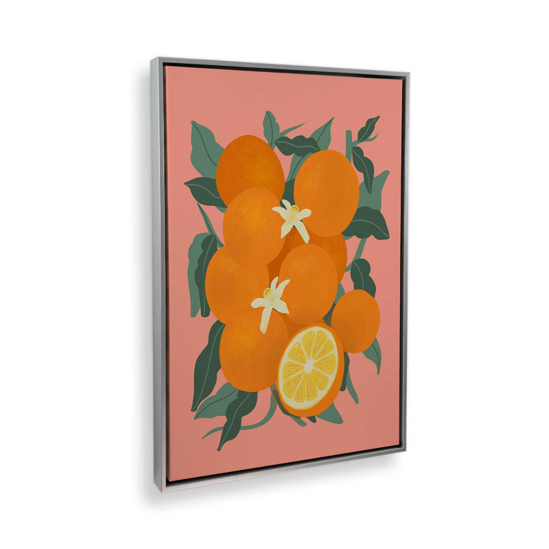 «Fruit Harvest 01 Oranges» par Garima Dhawan, reproduction d'art, H 40 po x l 30 po, Argent argent, Cadre flottant