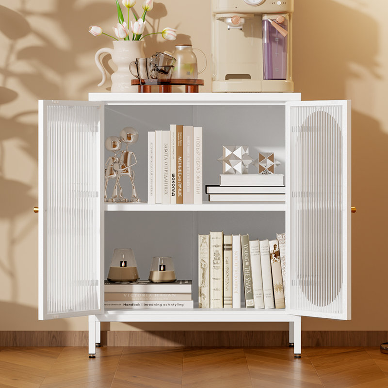 Small 2 Transparent Door Metal Storage Side Buffet Cabinet For Bed Room,Living Room,Entryway,Hallway,Home,Hotel,Office,Garage,Kitchen,2 Removable Shelf.