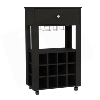 39" H Black Bar- Coffee Cart, Kitchen Or Living Room Cabinet Storage, With 12 Bottle Racks, A Central Shelf With  1 Cup Holders, 1 Drawer Ideal For Storing Small Things